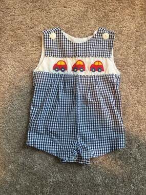 Vintage Baby Boy Blue Gingham Car Smocked Jon Jon Romper 6-9M